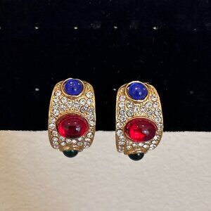 1980s Vintage Red, Green and Blue Rhinestone Clip Earrings
